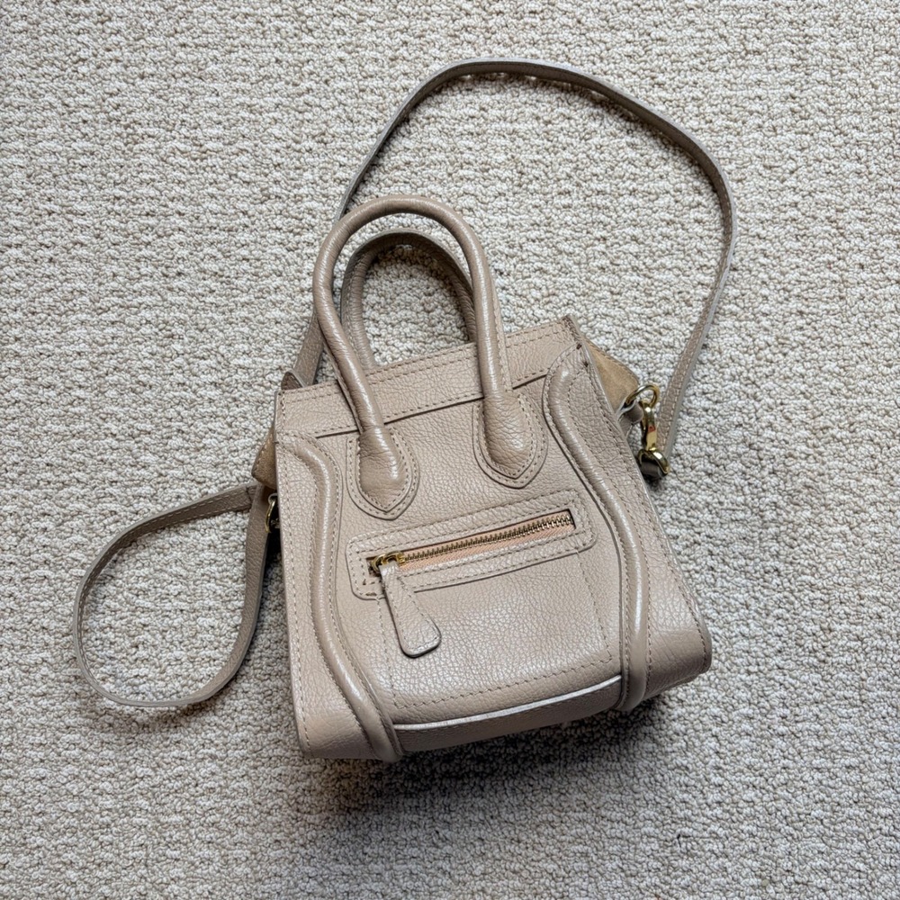 Italian Pebble Grain Leather Mini Luggage Tote Crossbody Bag Taupe Beige